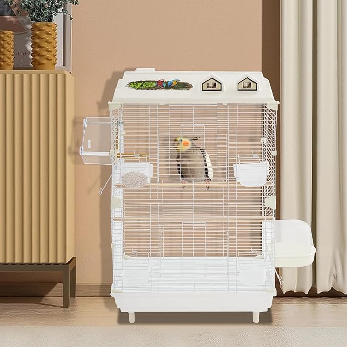 2-Door Wrought Iron Bird Cage Parakeet Cage with Roof, 30" H Parrot Cage Pet Birds Flight Cage, Interactive Birdcages Bird House Travel Cages for 4-6 Small Birds (Iron Mesh)