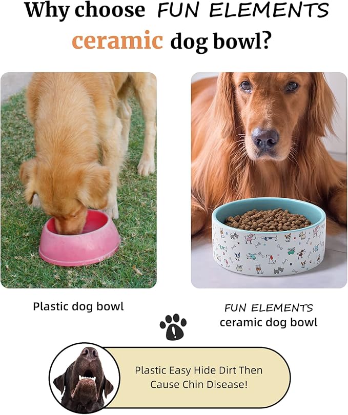 Fun Elements Ceramic Dog Bowls - Large, 64 Fl Oz Heavy Duty, Adorable Dog Patterns (Large, Blue)