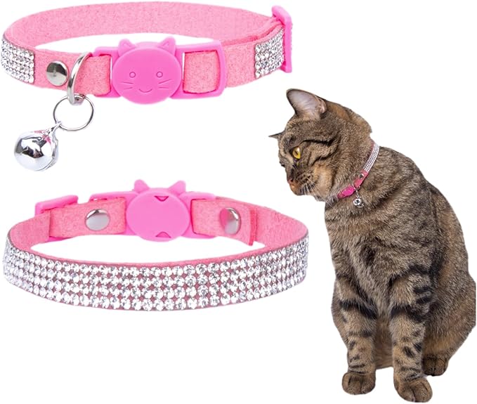Rhinestone Cat Collar Breakaway Safety Buckle with Bell, Adjustable Diamond Girl Boy Kitty Cute Comfy Collar for Kitten Small Pets Rabbits, 7.5"-11" Pink