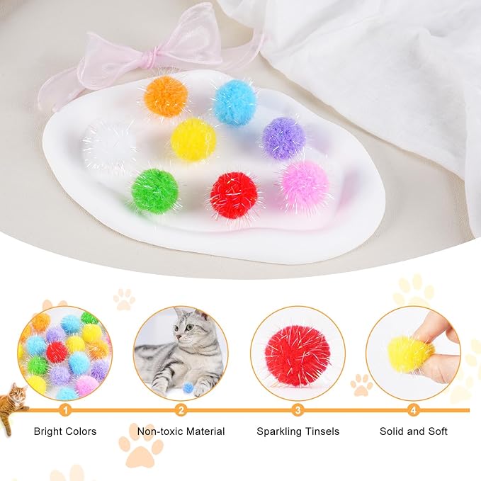 DF DUALFERV 60 Pcs Cat Pom Pom Balls, Interactive Cat Toys, Sparkle Balls for Cats, Extra Large and Fuzzy for Exercise and Entertainment, Multicolor, 1.5 Inch (60)