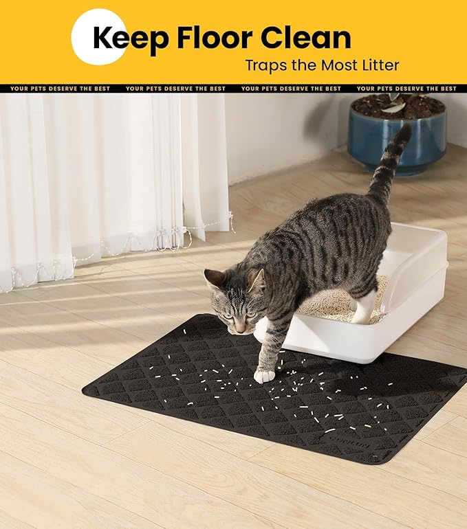 Conlun Cat Litter Mat Litter Trapping Mat, 24”x 17” Premium Durable PVC Cat Litter Box Mat with Scatter Control, Non-Slip, Less Waste Kitty Litter Mat, Soft on Kitty’s Paws, Urine Waterproof, Black