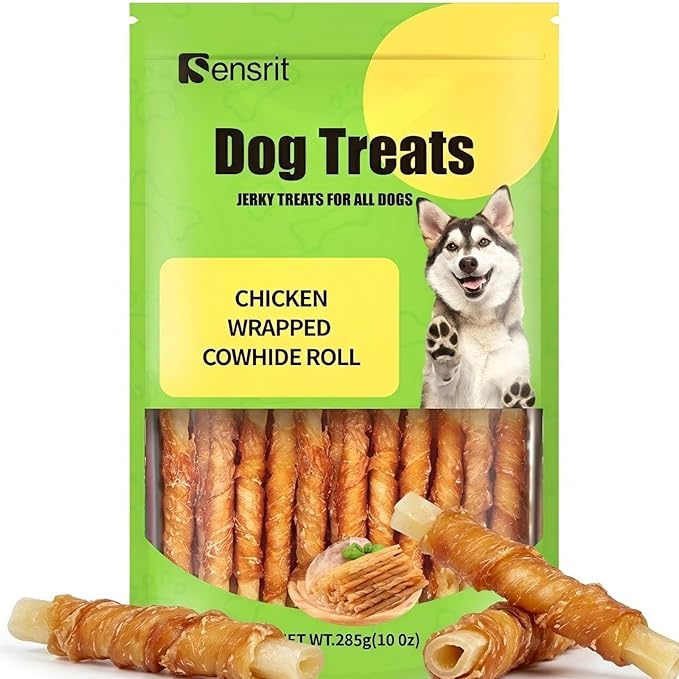Chicken Wrapped Cowhide Rolls for Dogs - 10 Oz (285g) Savory Jerky Dog Treats, Long Lasting Rawhide Chews for Training Reward & Dental Health, High Protein Dog Snacks for All Breeds