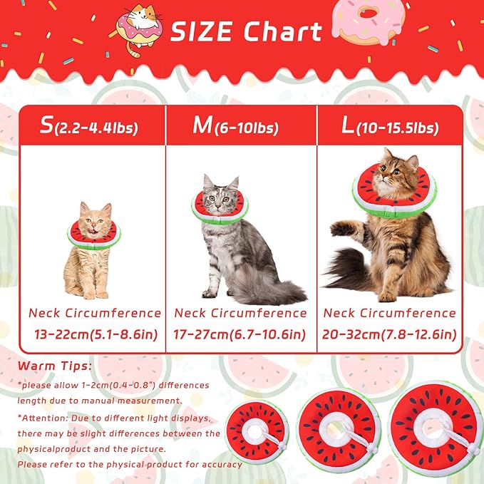 Seyezo Cat Cone Collar Soft, Adjustable Cat Recovery Collars Kitten Cones to Stop Licking, Cute Donut E Collar After Surgery, Anti-Lick Wound Healing Elizabethan Collar for Kittens (Watermelon, Small)