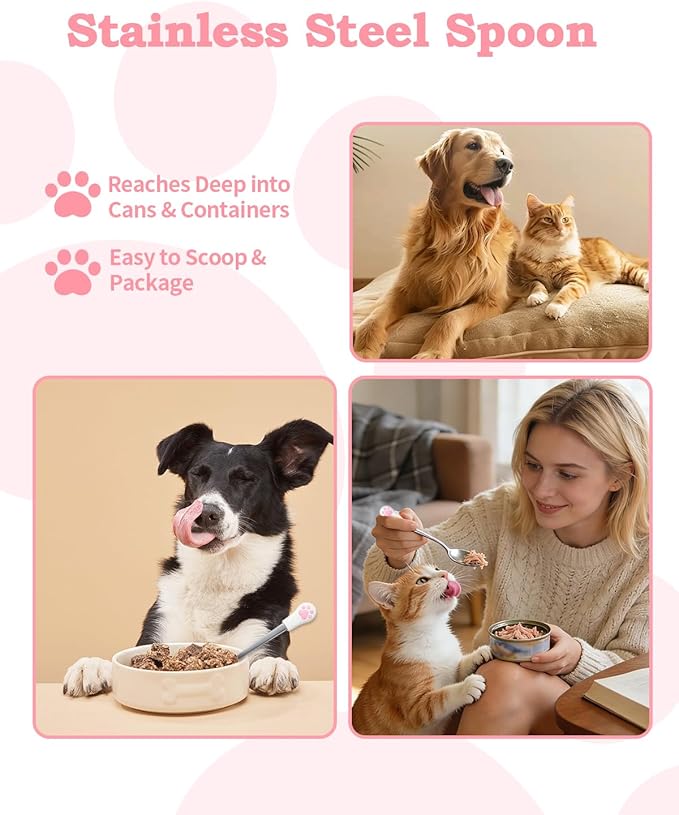 6 PCS Cat Food Can Covers Set, Reusable Silicone Can Lids with Opener, Stainless Steel Wet Food Spoon & Cat Treat Squeezer for Pet Feeding and Storage, Fits Cats & Dogs (Pink)