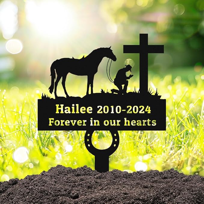 Custom Horseshoe Memorial Grave Marker, Personalized Cowboy Horse Sympathy Gift Cross Plaque, Metal Horse Memorial Garden Stake Yard Sign