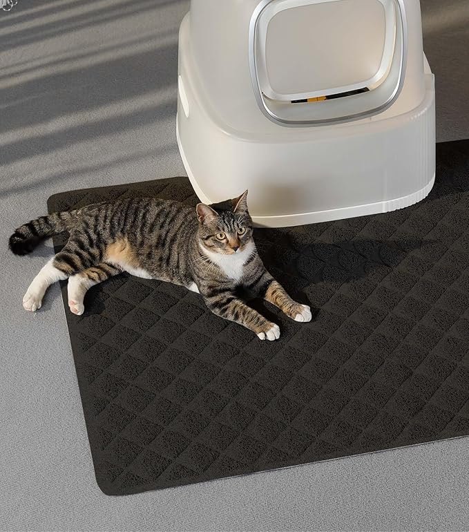 Conlun Cat Litter Mat Litter Trapping Mat, 24”x 17” Premium Durable PVC Cat Litter Box Mat with Scatter Control, Non-Slip, Less Waste Kitty Litter Mat, Soft on Kitty’s Paws, Urine Waterproof, Black