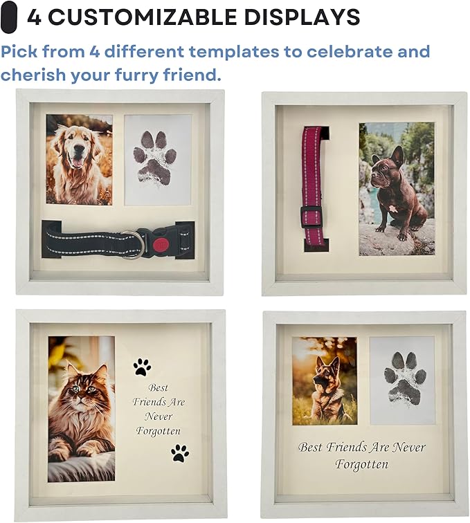 Dog Paw Print Kit for Dogs, Dog Picture Frame with Shatterproof Plexiglass, 4 Customizable Displays, 9”x9”, Pet Memorial Gift for Dogs, Loss of Pet Sympathy Gift, Pet Paw Print Impression Kit (White)
