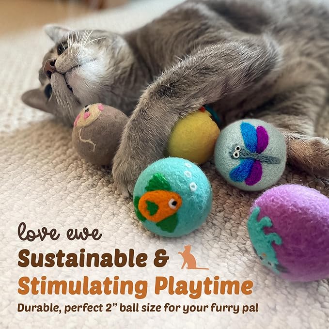 Hustle & Blush Love Ewe Felted Cat Toys 3 Pack - 2 Inch Dragonfly & Butterfly Hand Made Cute & Fun Design Kitten Wool Felt Balls for Indoor Play & Exercise - 100% New Zealand Handmade Felted Balls