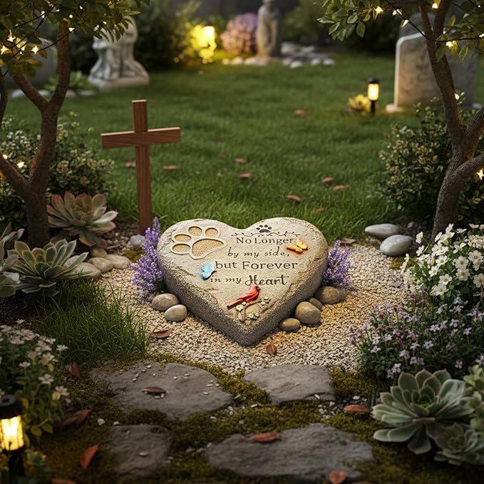 Pet Memorial Stone for Cats Dog Remembrance Gift with Paw Print, Cardinal & Butterfly, Pet Grave Markers Heart-Shaped Resin Dog Loss Sympathy Gift 6 inch