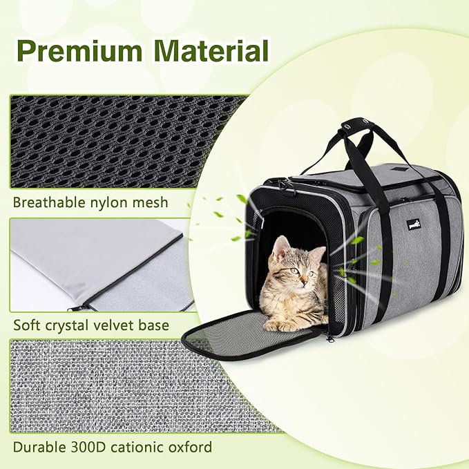 pecute Cat Carrier Expandable, Extra Large Pet Carrier Bag, Foldable Cat Carrier Bag with Breathable Mesh, Pet Carrier Transport Bag for Dogs and Cats, with Shoulder Strap and Pet Bowl