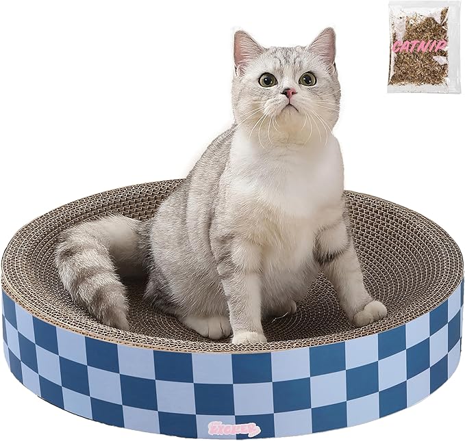 CSR1010B Nelson 20.13" Modern Cardboard Round Bowl Cat Scratcher with Catnip, Blueberry