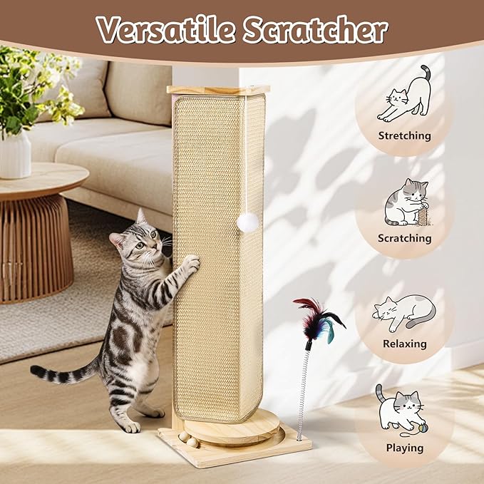 Couch Corner Cat Scratcher, 31'' Tall Cat Scratching Post with Interactive Ball Toys, Replaceable Sisal Scratch Pad for Indoor Cats, Furniture Protector for Sofa Wall