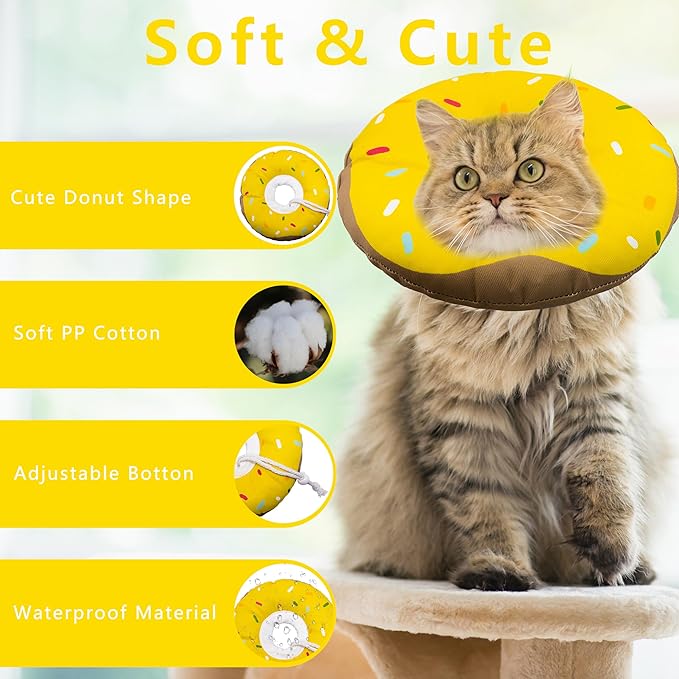 Seyezo Cat Cone Collar Soft, Adjustable Cat Recovery Collar Kitten Cones to Stop Licking, Cute Donut E Collar After Surgery, Cats Neck Pillow Cone Elizabethan Cones of Shame (Waterproof Yellow, Large)