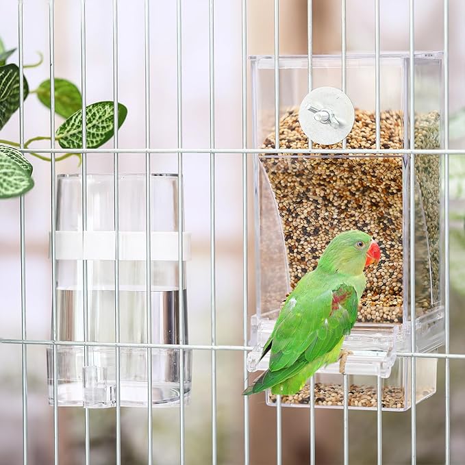 Novabright 7 Pcs No Mess Bird Feeder Water Dispenser Set Include Automatic Parakeet Feeder and Drinker with Bird Paw Grinding Stick Cage Accessories for Small Medium Cockatiel Lovebird(Classic,Clear)
