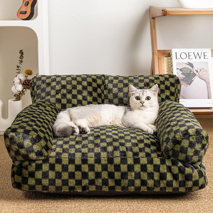 Faux Fur Cat & Dog Sofa Cat Couch Mini Cat Bed Indoor Human Style Pet Sofa, Modern Pet Furniture for Cats, Washable ＆ Removable Cover, for Cats and Small Medium Dogs (Black/Green, Large(30X21 inch))