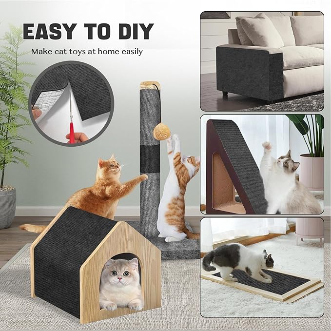 118"x15.8" Cat Climbing Wall Furniture Protector Carpet Mat, Cat Scratch Couch Furniture Protector, Adhesive Scratching Pad for DIY Cat Tree Shelf Couch Corner Post Replacement (Black)
