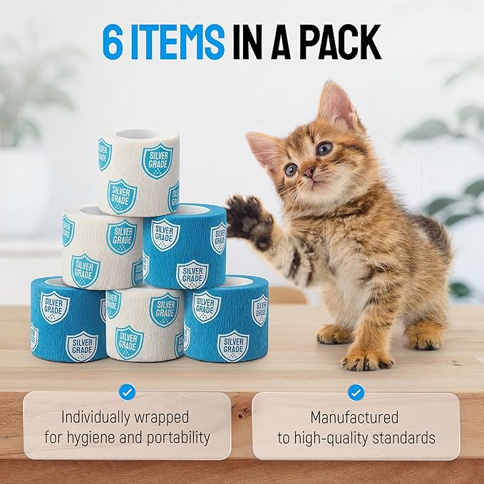 SILVER GRADE Set of 6 Elastic Self-Adhesive Bandages – Cat & Dog Bandages for Wounds from Natural Rubber Latex – Breathable Dog Paw Bandage for All Breeds Care – 2-inch Rolls