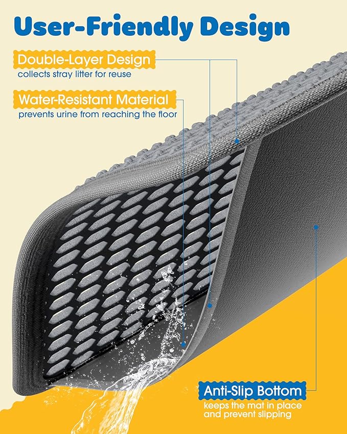 Cat Litter Mat - 30'' x 24'' Large Litter Trapping Mat, Easy to Clean Litter Box Mat, Waterproof, Urine-Proof, Non-Slip Kitty Litter Mats for Floor, Grey