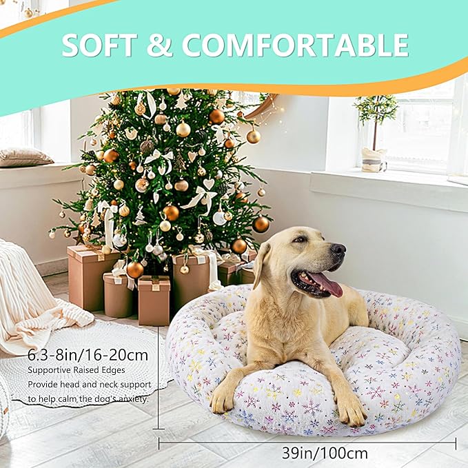 39 Inch Christmas Snowflakes Calming Dog Bed for Large Dogs, Round Anti-Anxiety Warm Bed, Soft Cozy Anti-Slip Donut Washable Pet Bed, Fits up to 100 lbs Pets