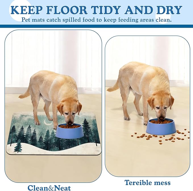 Mysty Winter Fores Pet Feeding Mat–Christmas Stocking Quick Dry Absorbent Dog Cat Food Mat, Non Slip Waterproof Bowl Placemat for Messy Eaters, Pet Accessories for Floors 16"x24"