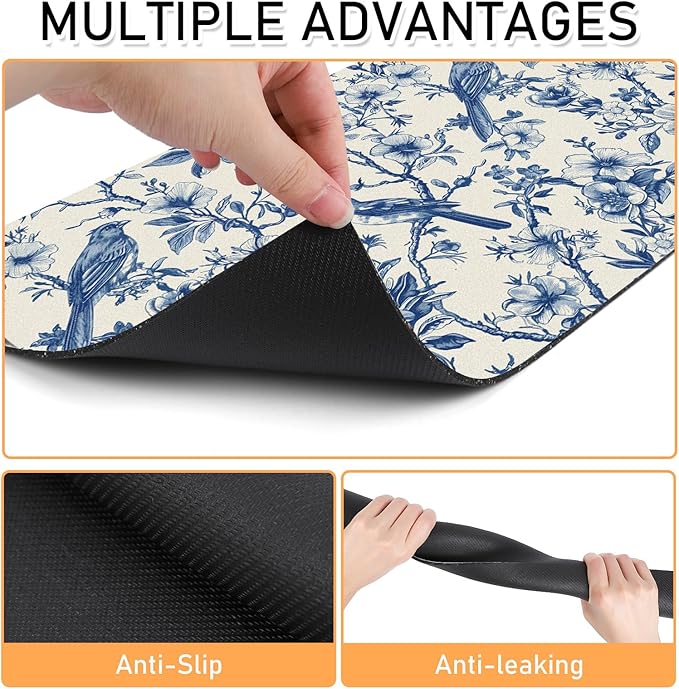 Dog Cat Food Mat - Absorbent Quick Dry Dog Bowl Mats for Food and Water, Anti Slip Cat Feeding Placemat for Floors, Diatomite Pet Dish Matts Accessories Supplies, Floral Bird Style, 17*30in
