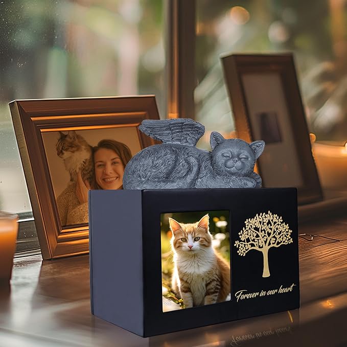 Cat Urns for Ashes, Tree Pattern Wooden Keepsake with Photo Frame, Pet Urn Memory Box with Resin Animal Statue and Sealed Storage Bags (75lbs) (Black)