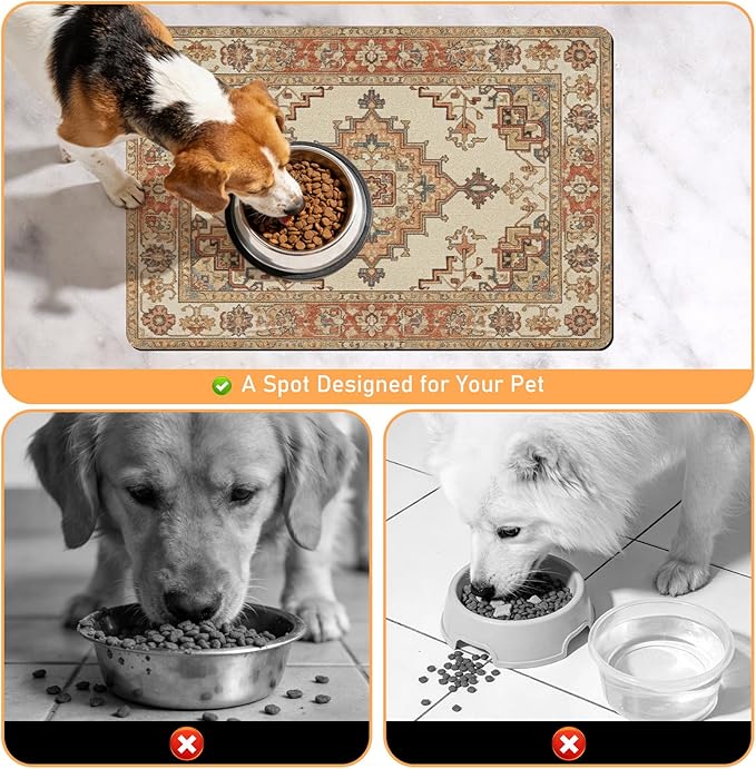 Pet Dog Food Mat - Absorbent Diatomite Dog Cat Feeding Mats for Food and Water, Anti Slip Dog Cat Bowl Placemat for Floors, Quick Dry Pet Dish Matts Supplies, Bohemia Style, 16 * 24in