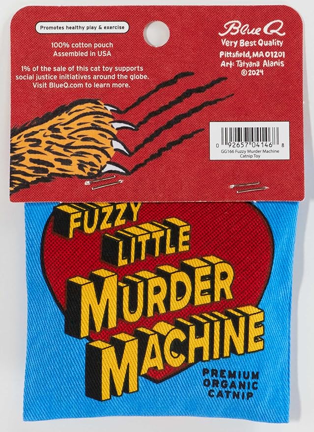 Blue Q Fuzzy Little Murder Machine Catnip Toys - Durable Cat Toys for Biting, Premium USA-Grown Organic Catnip, Pet Supplies, 100% Silk-Screened Cotton Pouch w/Funny Kitty Graphics, Cat Birthday Gift