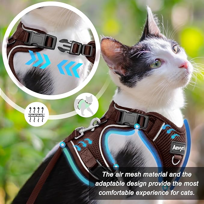 Cat Harness and Leash Set - Escape Proof Adjustable Cat Harness, Comfortable Soft Lightweight, Use Safe & Easy, Walking Travel Kitten Harness for Small Medium Large Cats, Brown, S