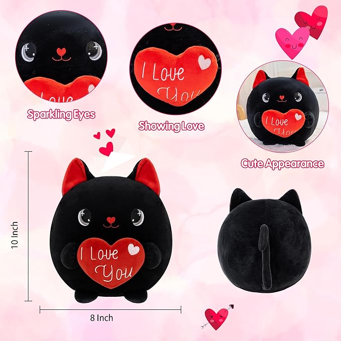 Cat Plush Black Cat Stuffed Animal Toy Holding Heart with I Love You, Valentine Plush with Red Heart for Mother's Day, Girlfriend Valentine Party Favor(Black, 10 Inch)