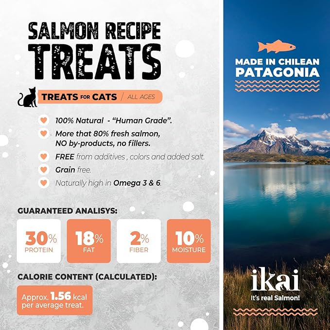 IKAI - Patagonian Salmon Cat Treats - Premium 100% Natural Treats - Hypoallergenic, with Omega 3 & 6 for Healthy Skin & Glossy Coat, Oven-Baked, Grain-Free, No Added Salt - 3 oz