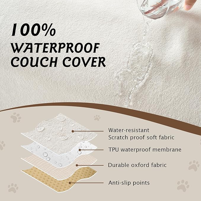 PuTian 100% Waterproof Couch Cover for Dogs - Anti-Scratch Washable Non Slip 2 Cushion Cover Blanket for L Shaped Sectional Recliner Chair Sofa Slipcover for Pet Cats Kids, 71''X118'' Creamy White