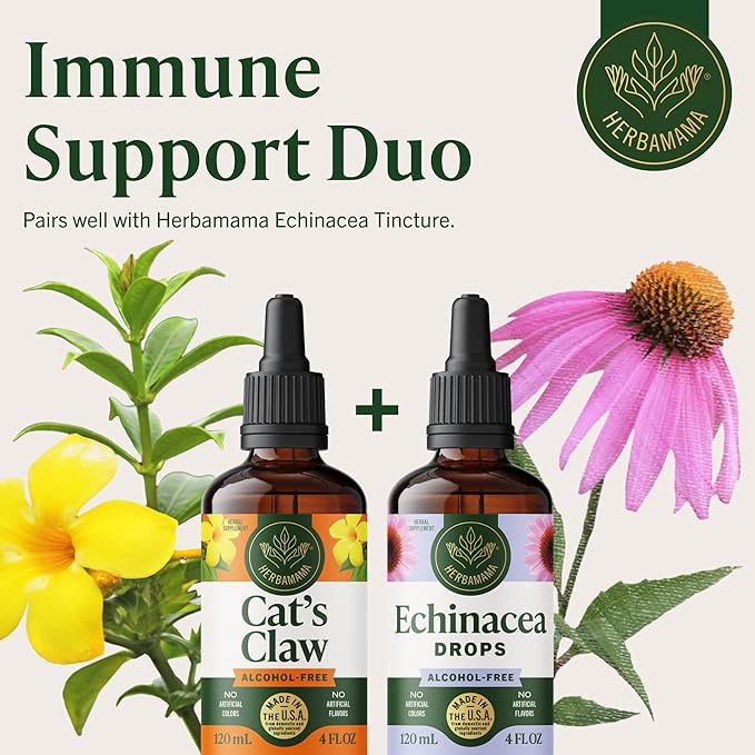 HERBAMAMA Cat's Claw Tincture - Vegan Immune Support with Cat's Claw Extract Supplement - Non-GMO, Alcohol & Sugar-Free Uncaria Tomentosa Extract Drops - 84-Day Supply