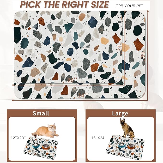 Terrazzo Stone Colorful Dog Cat Food Mat,Absorbent Pet Feeding Mat for Food and Water,Non-Slip Dog Bowl Mats Floor Protector 12"x20"
