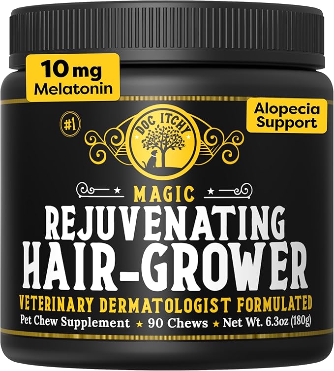 Doc Itchy Rejuvenating Hair-Grower Dog Pet Chews | 10mg Melatonin for Dogs | Hair Growth Booster | Senior Dog Energizer | Calming | Medical-Strength | Food Allergy Safe | Vegan | 90 Count