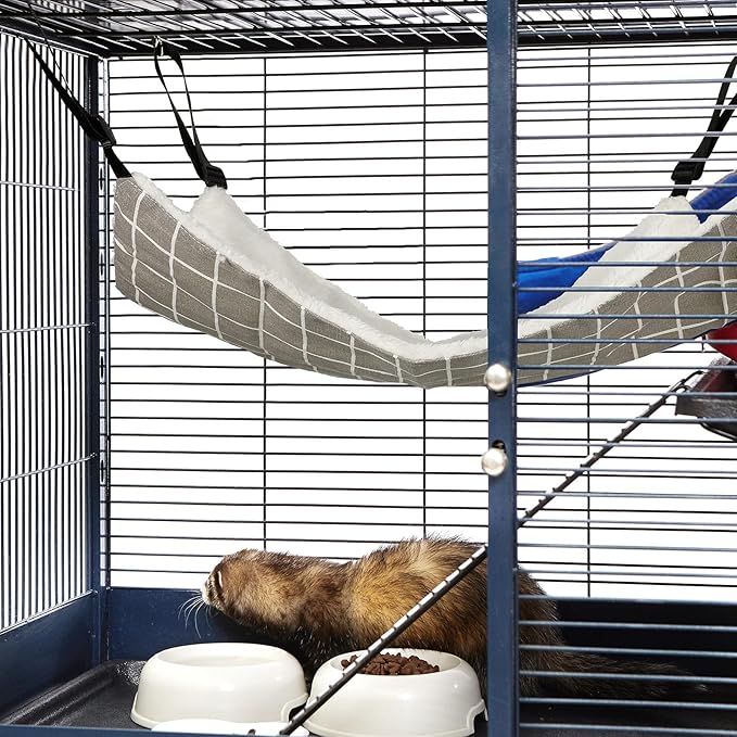 Jetec 2 Pieces Reversible Cat Hanging Hammock Soft Breathable Pet Cage Hammock with Adjustable Straps and Metal Hooks Double Sided Hanging Bed for Small Dogs Rabbits(Cat and Plaid,S)