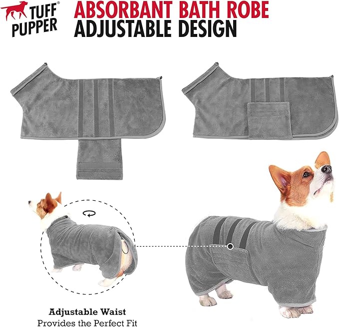 Tuff Pupper Fast Drying Dog Bath Robe | 800 GSM Plush Dog Towel Bathrobe/Dressing Gown | Super Absorbent Pet/Puppy Bathrobe | Adjustable Hood & Belly Strap | Super Soft | Fast Drying (L, Gray)