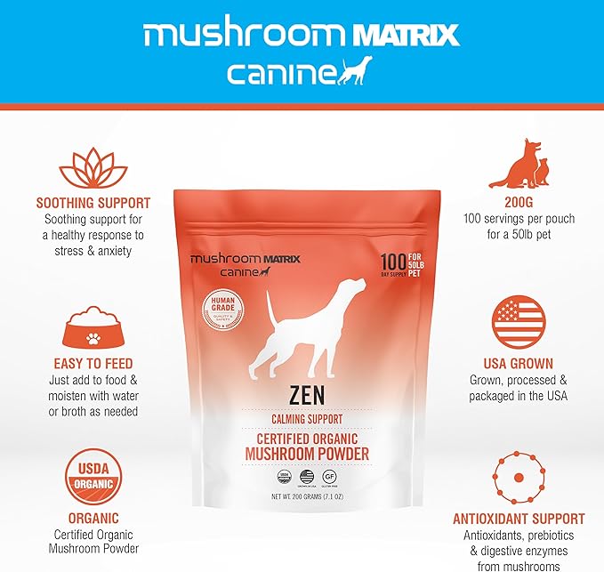 Om Mushroom Matrix Zen Matrix Mushroom Blend Pet Supplement, Provides Calming Soothing Support for Dogs & Cats, 200 Grams, 7.1 oz