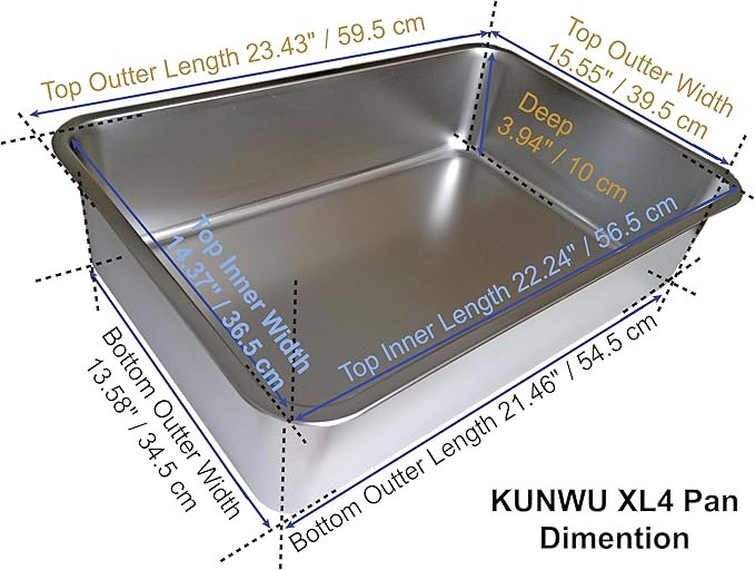 KUNWU Stainless Steel Pet Litter Box XL4, 24"x16"x4" for Cat, Dog, Rabbit Durable Pan (XL (24"x16"), 4" Deep)