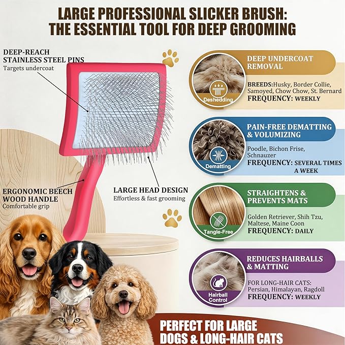 Slicker Brush for Dogs, Large Long Pin Dog Grooming Brush for Doodles Goldendoodles Poodles Labradoodle Bernedoodles, 3 Pcs Wooden Handle for Mats Tangles - Red