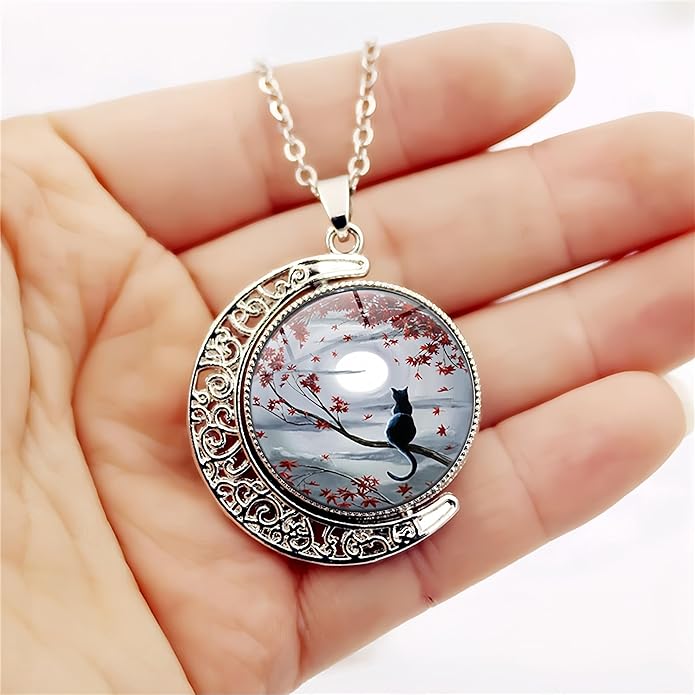 DEQIYIJI Cat Gifts Cute Black Cat Moon Pendant Necklace Jewelry For Women Cat Lovers Stuff