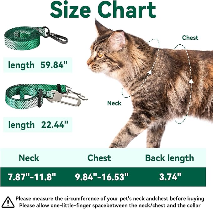 Cat Harness and Leash Set, 3-in-1 Escape Proof Adjustable, Comfortable Soft Lightweight, Safe, Easy to Wear, Walking Travel Kitten Harness for Small Medium Cats (Light Green)