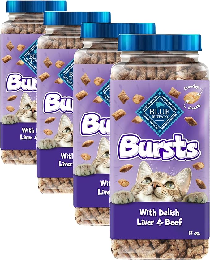Blue Buffalo Bursts Crunchy & Creamy Cat Treats, Great for Training, Delish Liver & Beef, 12-oz. Tub (Pack of 4)