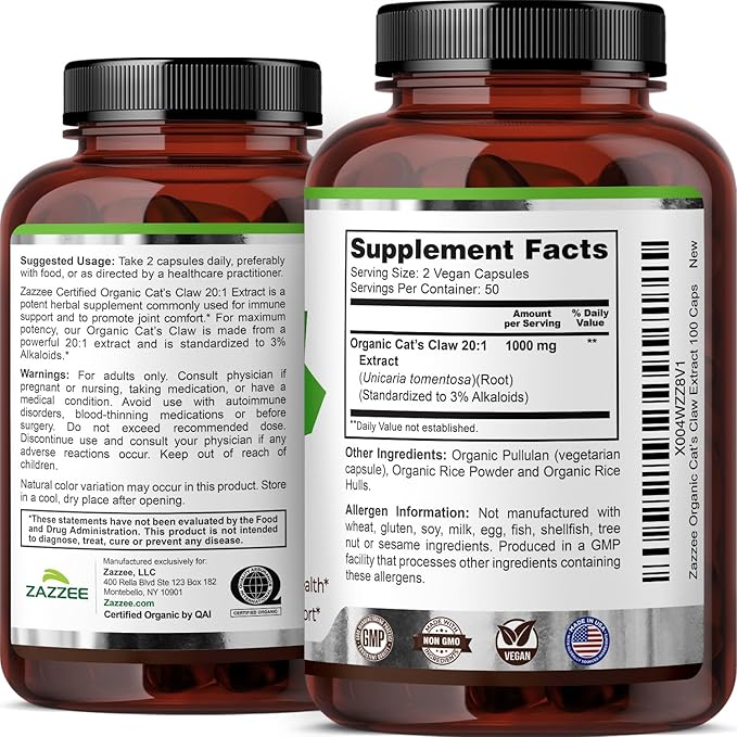 Zazzee USDA Organic Cat’s Claw 20:1 Extract, 1000 mg, Standardized to 3% Alkaloids, 100 Vegan Capsules, 20X Potency, Immune System and Joint Support, Non-GMO, All-Natural, Made in The USA