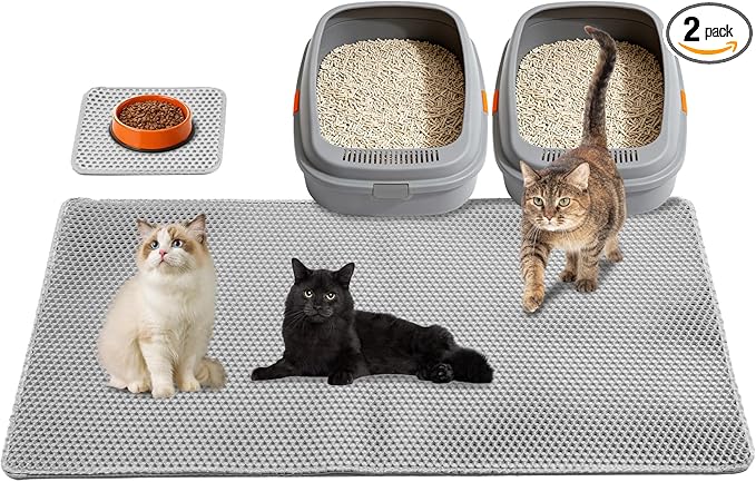 Cat Litter Mat 47"x26.5" Extra Large & 12"x12" Small, Double Layer Waterproof Trapping Mat for Home Travel, Non-Slip & Urine-Proof, Soft on Paws, Hold 2-3 Litter Boxes, XXL, 2-Pack(Grey)