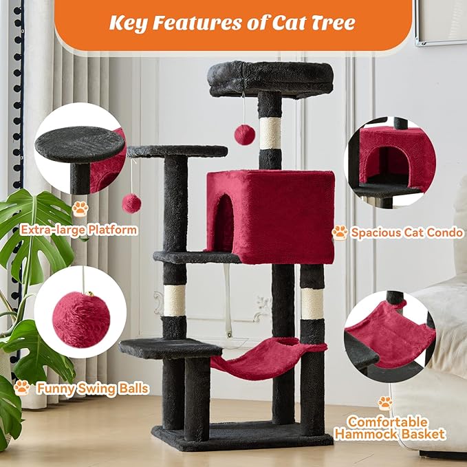 Sweetcrispy 44 inch Cat Tree Tower, Small Cat Climbing Tower with Condo, Natural Sisal Scratching Posts, Extended Platform, Hammock, Pet House for Indoor Cats and Kittens Play, Black and Red