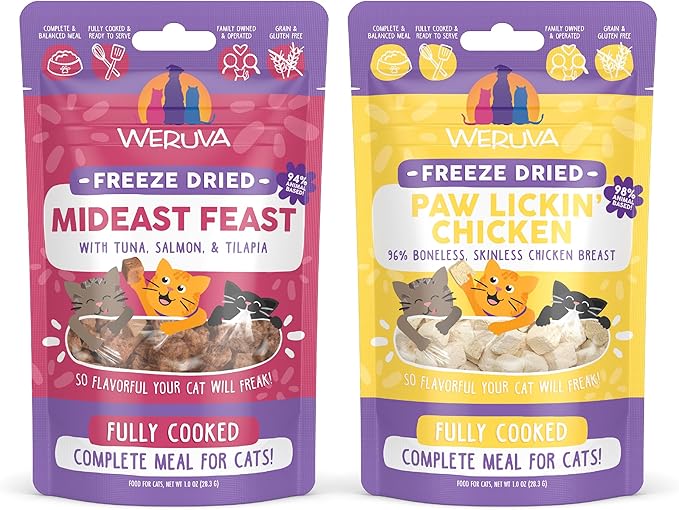 Bundle of Weruva Cat Freeze Dried Foods, Mideast Feast with Tilapia, and Paw Lickin' Chicken with Chicken Breast, 1oz Bags