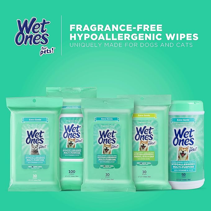 Wet Ones for Pets Hypoallergenic Multipurpose Dog Wipes with Vitamins A, C & E - No Fragrance Pet Wipes for Dogs in Canister, 50 Count - 12 Pack
