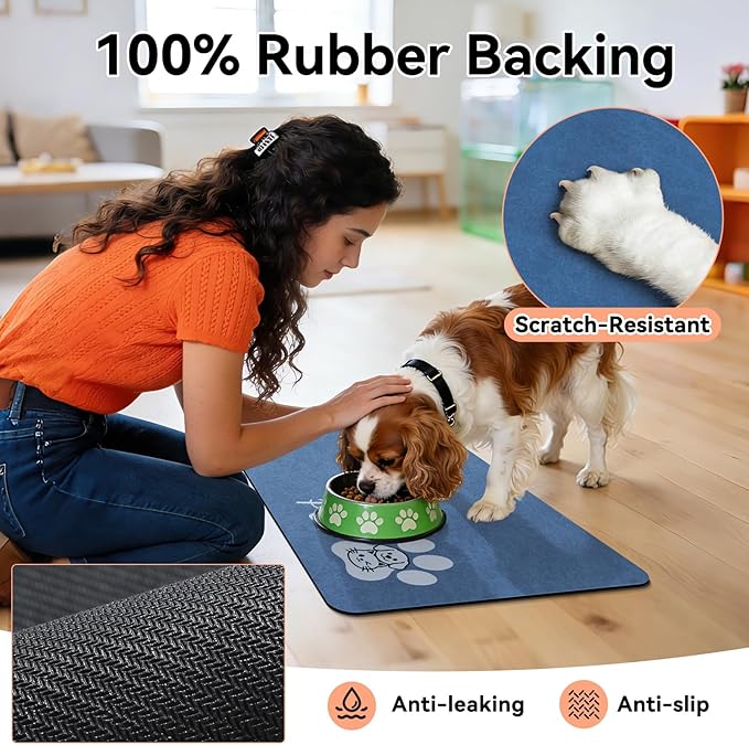 Dog Cat Feeding Mat-Absorbent Pet Bowl Mat for Food and Water, Quick Dry Water Dispenser Mat for Floors with Waterproof Rubber Backing, Puppy Cat Placemat Mats for Messy Drinkers,12"x20",Blue