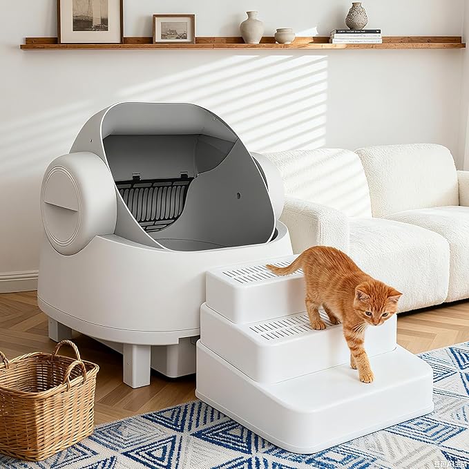 Adjustable 3 Steps Litter Box Ramp, Cat Ramp for Litter Box with Litter Trapper, Litter Box Step for Small & Elderly Cats, Fits Automatic Litter Boxes (White)